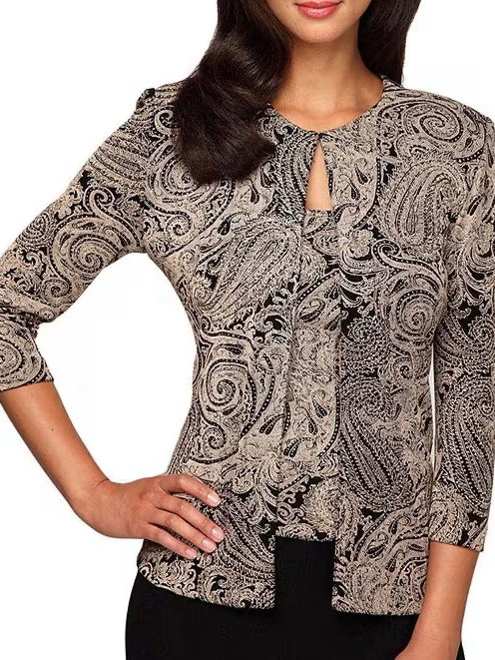 Alex Evenings 2-Piece Metallic Paisley Jacket & Tank Set Black Silver Large